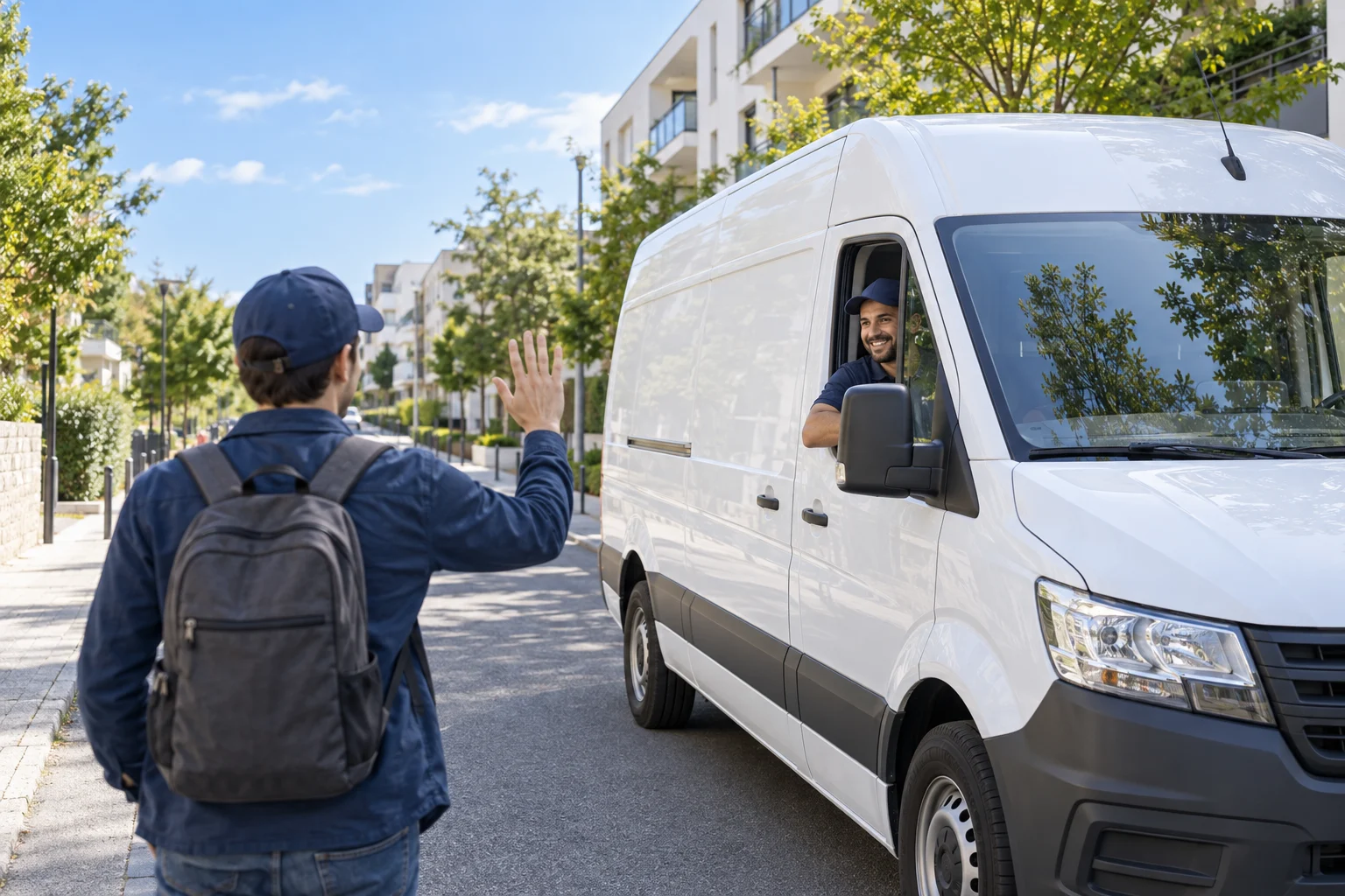 Illustration : un client salue son chauffeur à bord d’un utilitaire blanc.